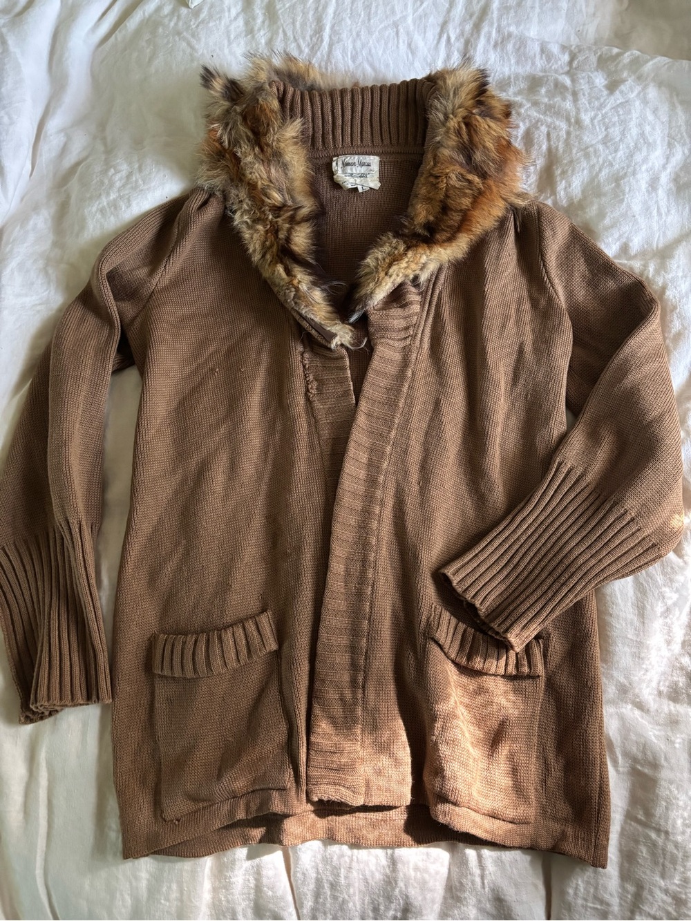 Vintage Neiman Marcus knit wool cardigan with real Fox fur trim